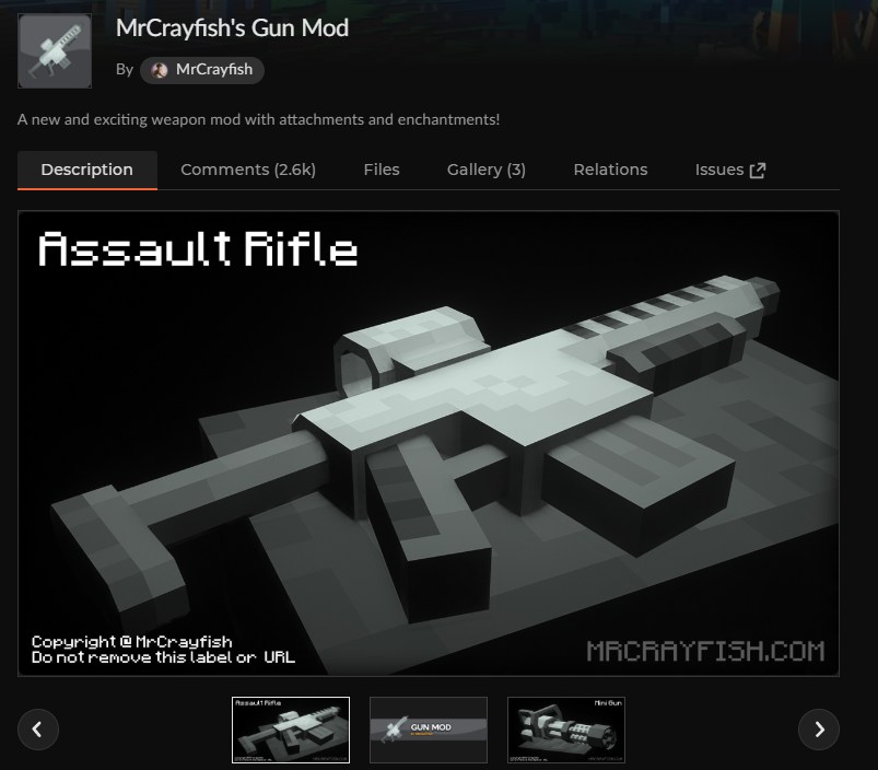 CurseForgeのMrCrayfish's Gun Mod配布ページ