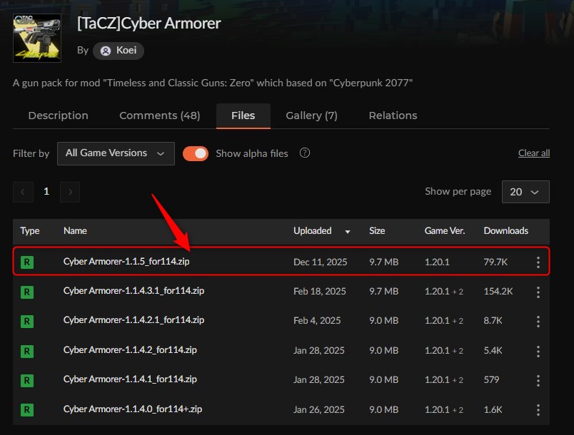 CurseForgeで[TaCZ]Cyber Armorerのファイルを選ぶ画面