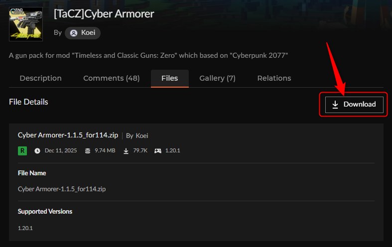 [TaCZ]Cyber ArmorerをDownloadする画面