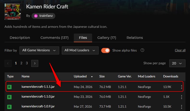 CurseForgeの仮面ライダーMODページでバージョンを選ぶ画面