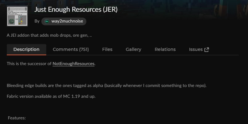 JER（Just Enough Resources）MODのCurseForge公式ページ