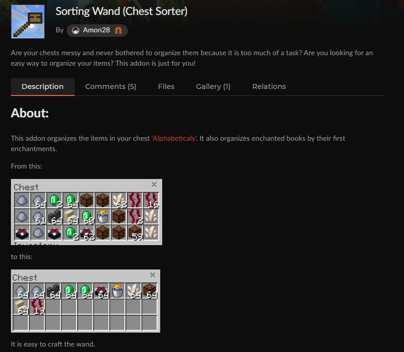チェスト整理アドオン「Sorting Wand」のCurseForge配布ページ