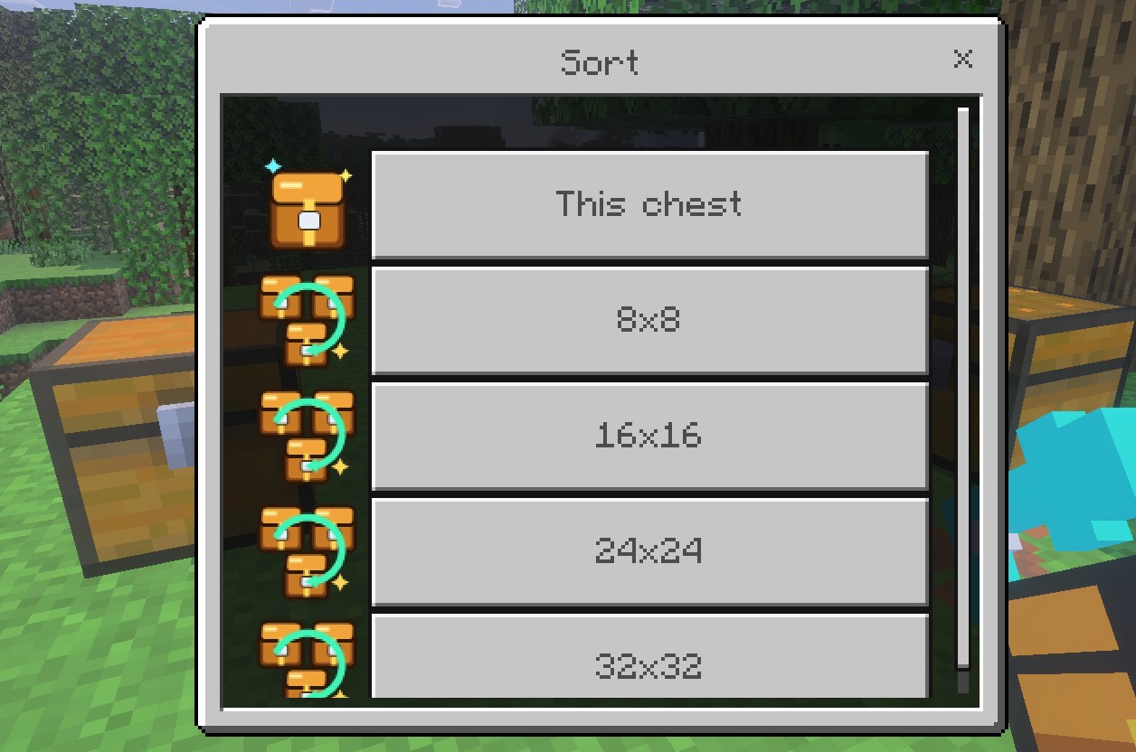 Chest Orderで8×8〜32×32の整理エリアを選ぶ画面