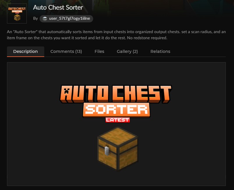チェスト整理アドオン「Auto Chest Sorter」のCurseForge配布ページ
