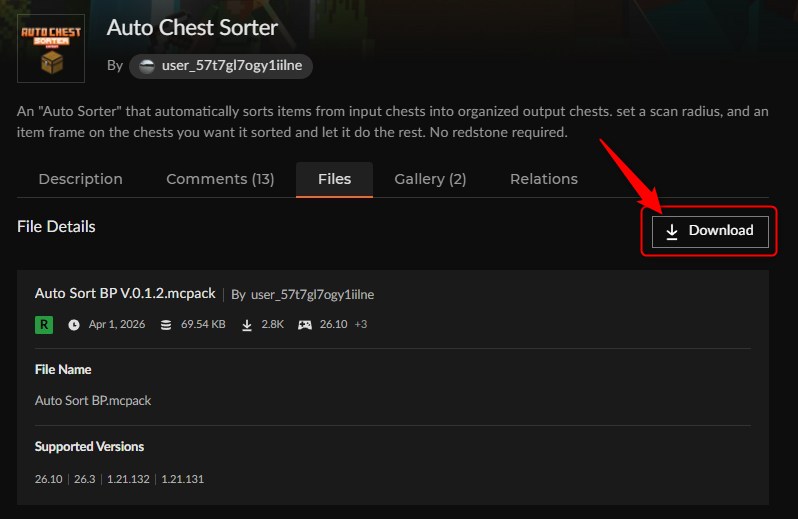 Auto Chest Sorterのmcpackファイルをダウンロードする画面