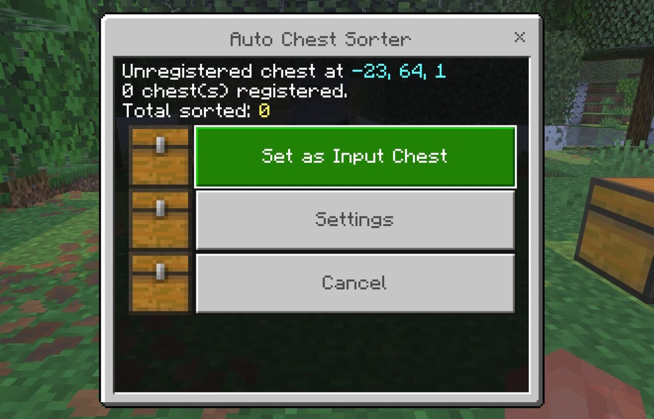 Auto Chest Sorterで入力チェストが登録された状態