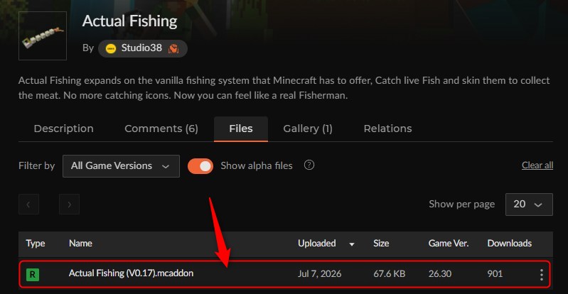 釣りアドオン「Actual Fishing」のダウンロードページ