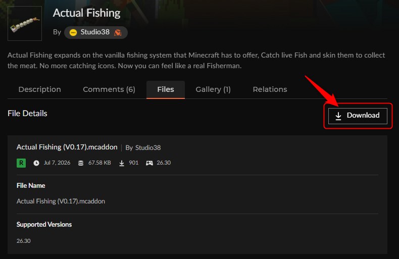 釣りアドオン「Actual Fishing」のDownloadボタン