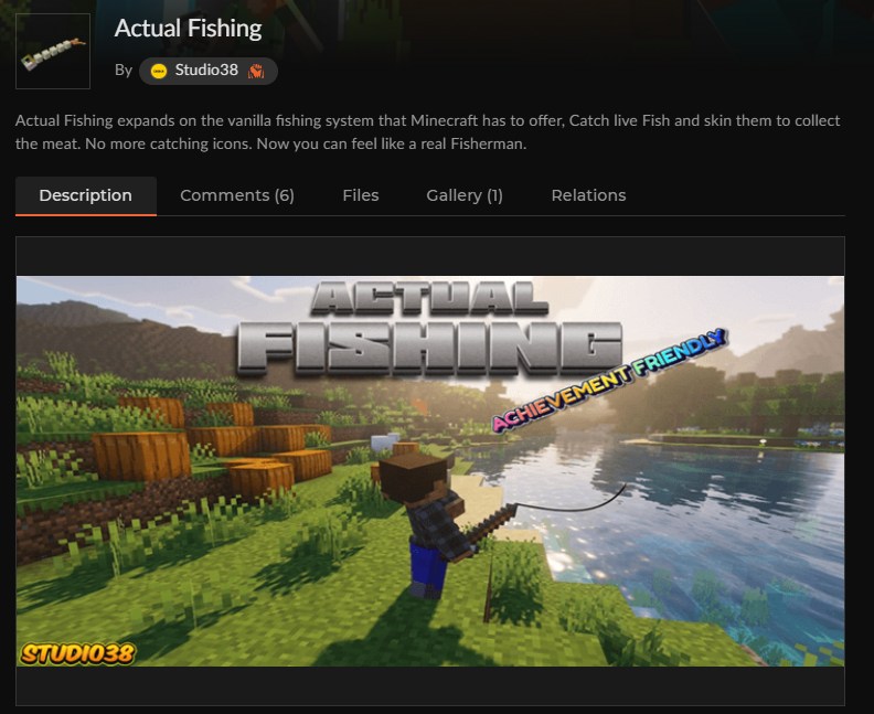 マイクラ統合版の釣りアドオン「Actual Fishing」のCurseForgeページ