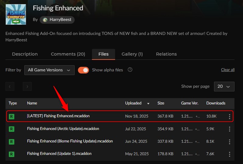 釣りアドオン「Fishing Enhanced」のダウンロードページ