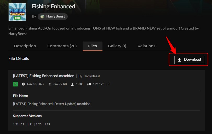 釣りアドオン「Fishing Enhanced」のDownloadボタン