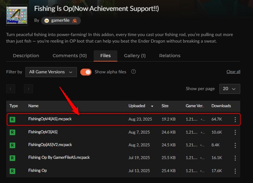 釣りアドオン「Fishing Is Op」のダウンロードページ