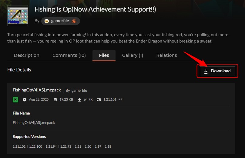 釣りアドオン「Fishing Is Op」のDownloadボタン