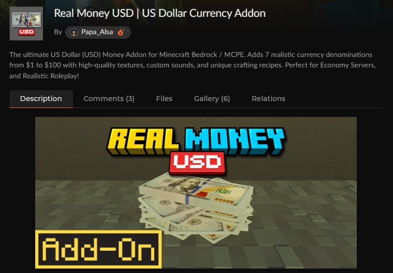マイクラ統合版のお金アドオン「Real Money USD」のCurseForgeページ