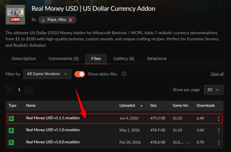 お金アドオン「Real Money USD」のダウンロードページ