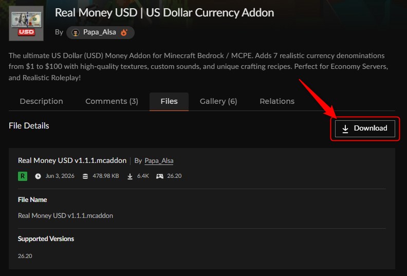 お金アドオン「Real Money USD」のDownloadボタン