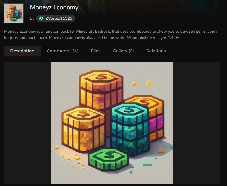 マイクラ統合版のお金アドオン「Moneyz Economy」のCurseForgeページ