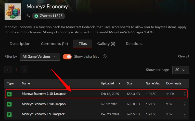お金アドオン「Moneyz Economy」のダウンロードページ
