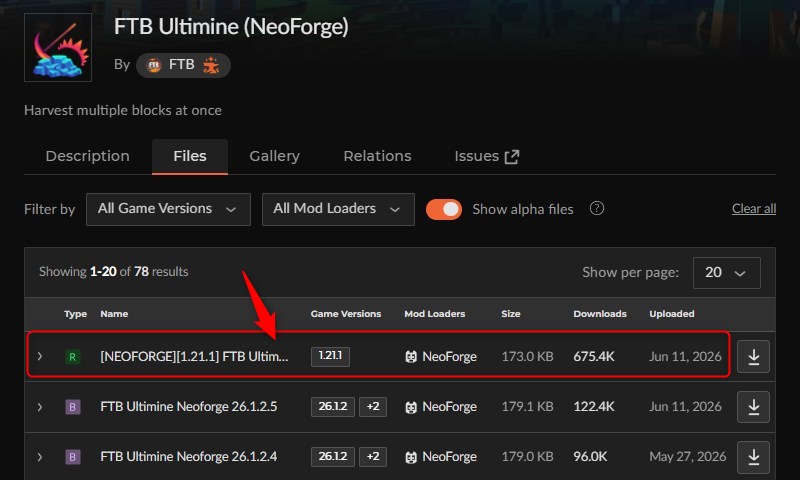 「FTB Ultimine」にアクセスしてバージョンを選択