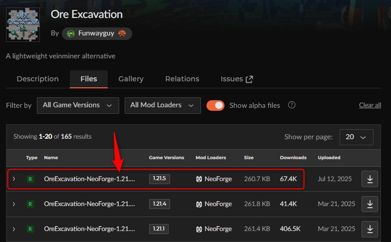 「Ore Excavation」にアクセスしてバージョンを選択