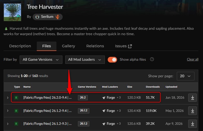 「Tree Harvester」にアクセスしてバージョンを選択