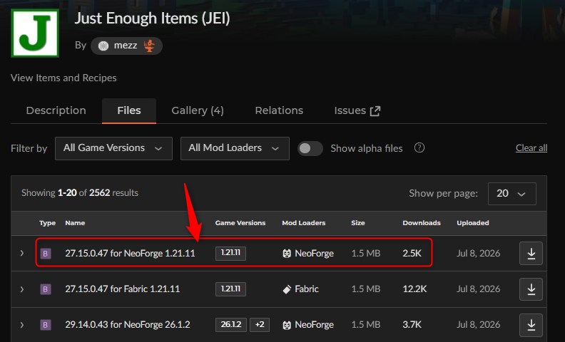 「Just Enough Items (JEI)」にアクセスしてバージョンを選択