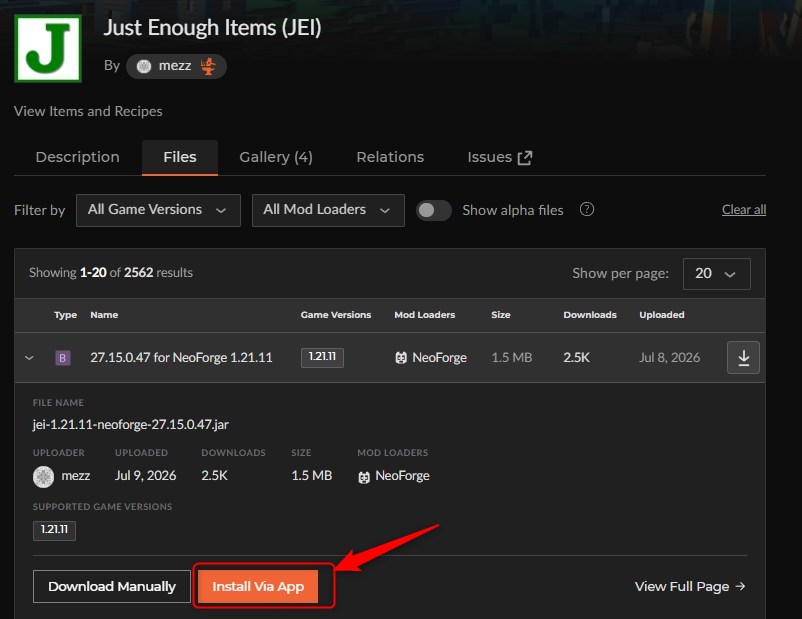 「Just Enough Items (JEI)」をインストール
