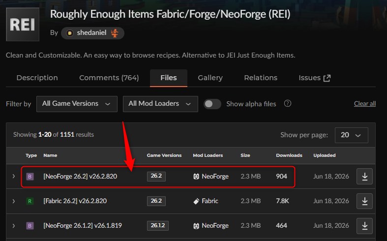 「Roughly Enough Items (REI)」にアクセスしてバージョンを選択