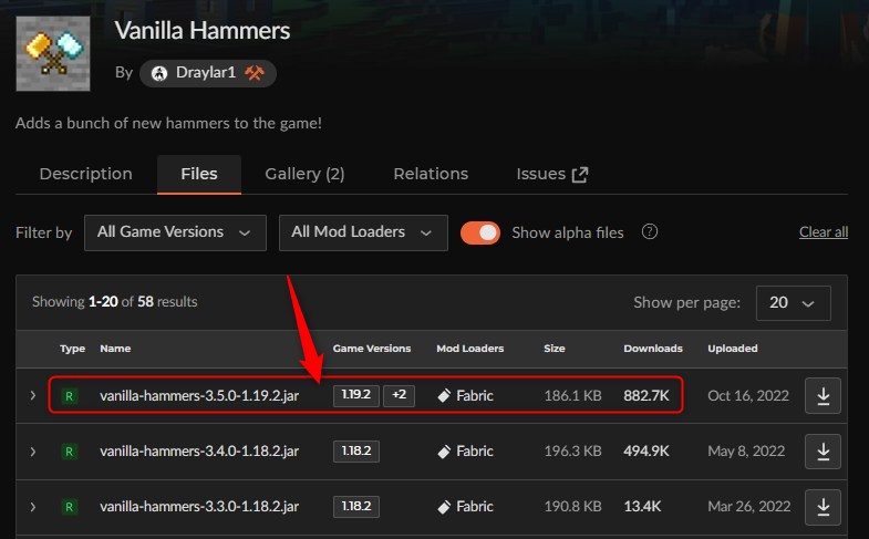 「Vanilla Hammers」にアクセスしてバージョンを選択