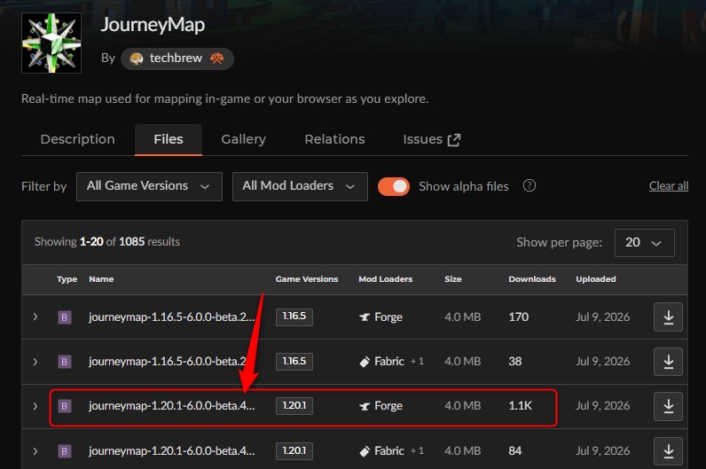 「JourneyMap」にアクセスしてバージョンを選択