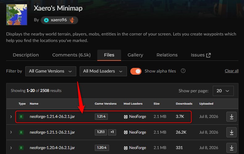 「Xaero's Minimap」にアクセスしてバージョンを選択