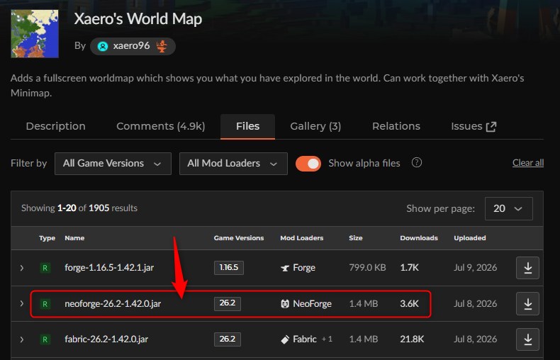 「Xaero's World Map」にアクセスしてバージョンを選択