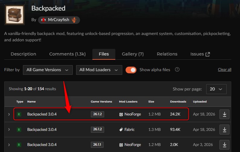 CurseForgeで「Backpacked」にアクセスしてバージョンを選択