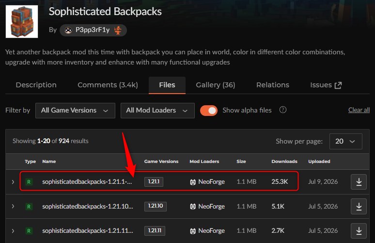 CurseForgeで「Sophisticated Backpacks」にアクセスしてバージョンを選択