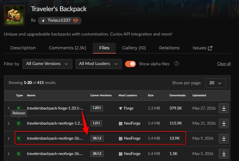 CurseForgeで「Traveler's Backpack」にアクセスしてバージョンを選択