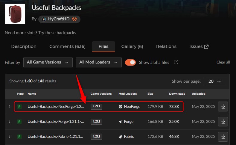 CurseForgeで「Useful Backpacks」にアクセスしてバージョンを選択