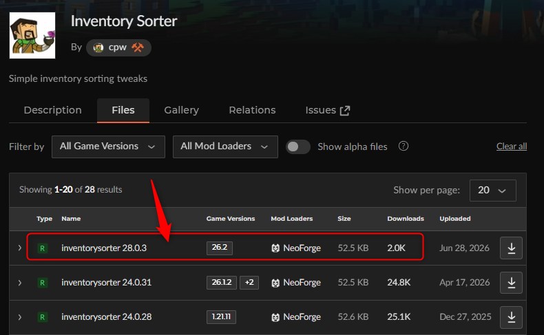 「Inventory Sorter」にアクセスしてバージョンを選択
