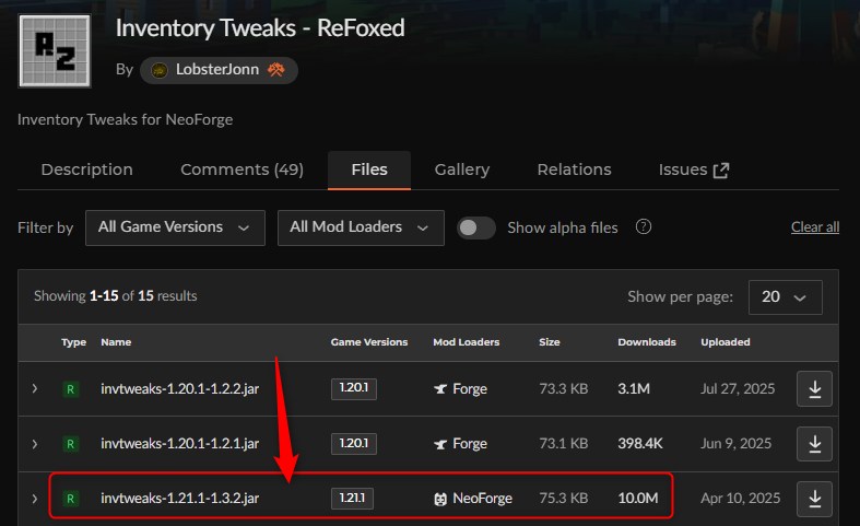 「Inventory Tweaks」にアクセスしてバージョンを選択