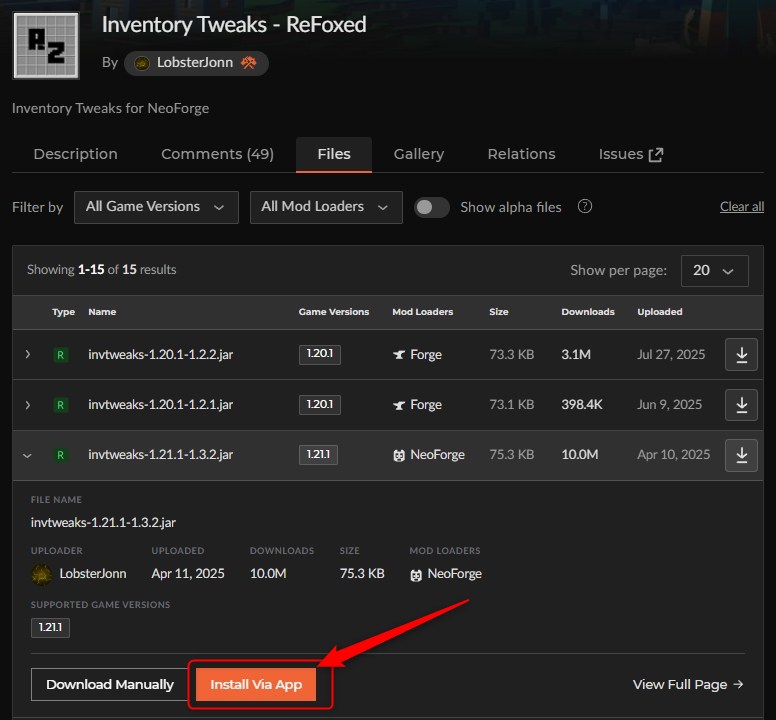 「Inventory Tweaks」をインストール