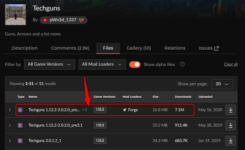 「Techguns」にアクセスしてバージョンを選択