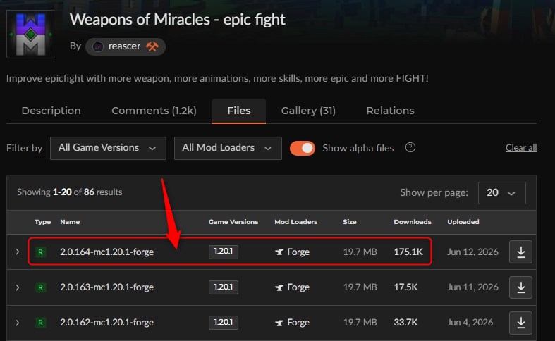 「Weapons of Miracles＆EpicFight」にアクセスしてバージョンを選択