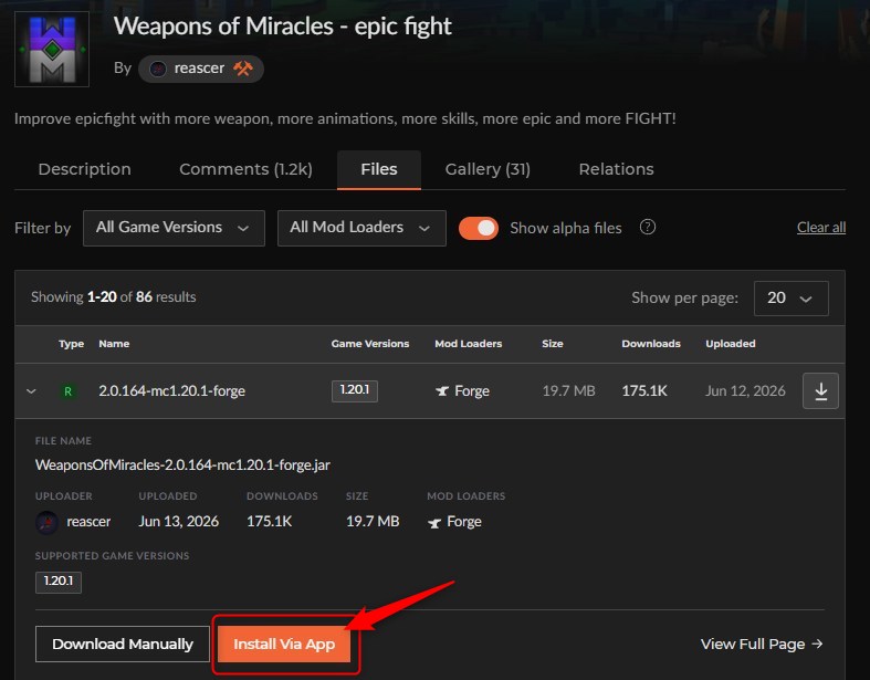 「Weapons of Miracles＆EpicFight」をインストール