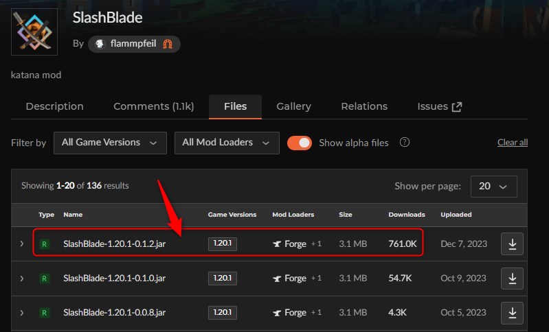 「SlashBlade」にアクセスしてバージョンを選択