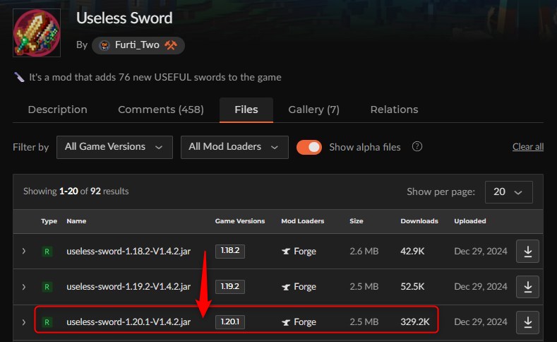 「Useless Sword」にアクセスしてバージョンを選択