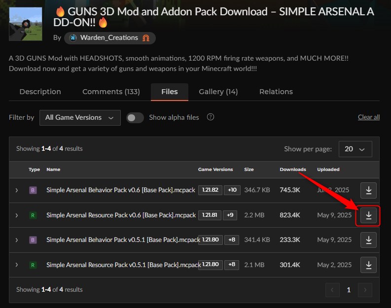 「Simple Arsenal（GUNS 3D）」にアクセスして、リソースパックをダウンロード