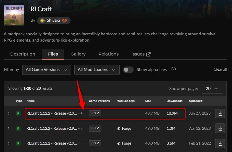「RLCraft」にアクセスしてバージョンを選択