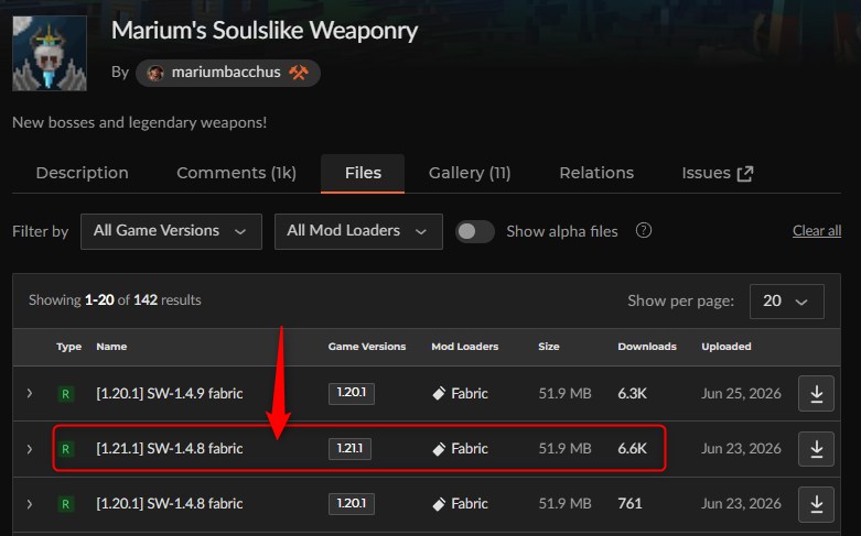 「Marium's Soulslike Weaponry」にアクセスしてバージョンを選択