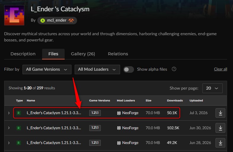 「L_Ender's Cataclysm」にアクセスしてバージョンを選択