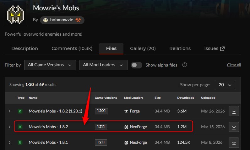 「Mowzie's Mobs」にアクセスしてバージョンを選択
