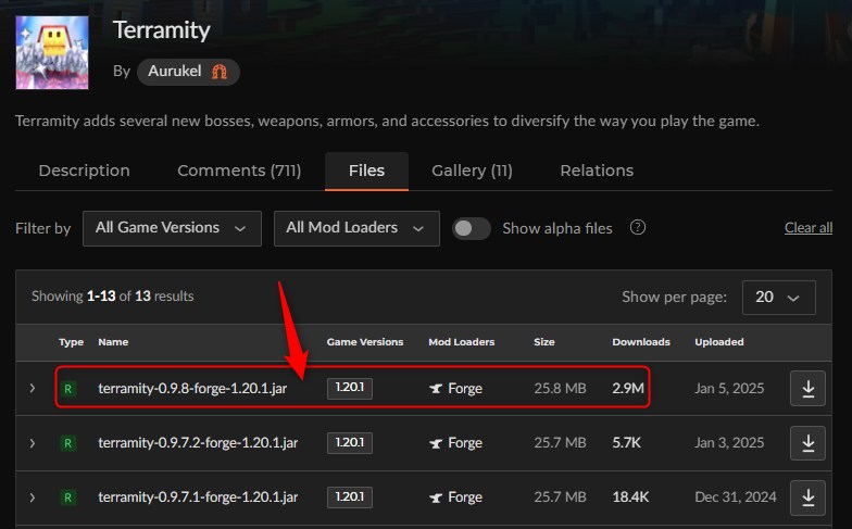 「Terramity」にアクセスしてバージョンを選択